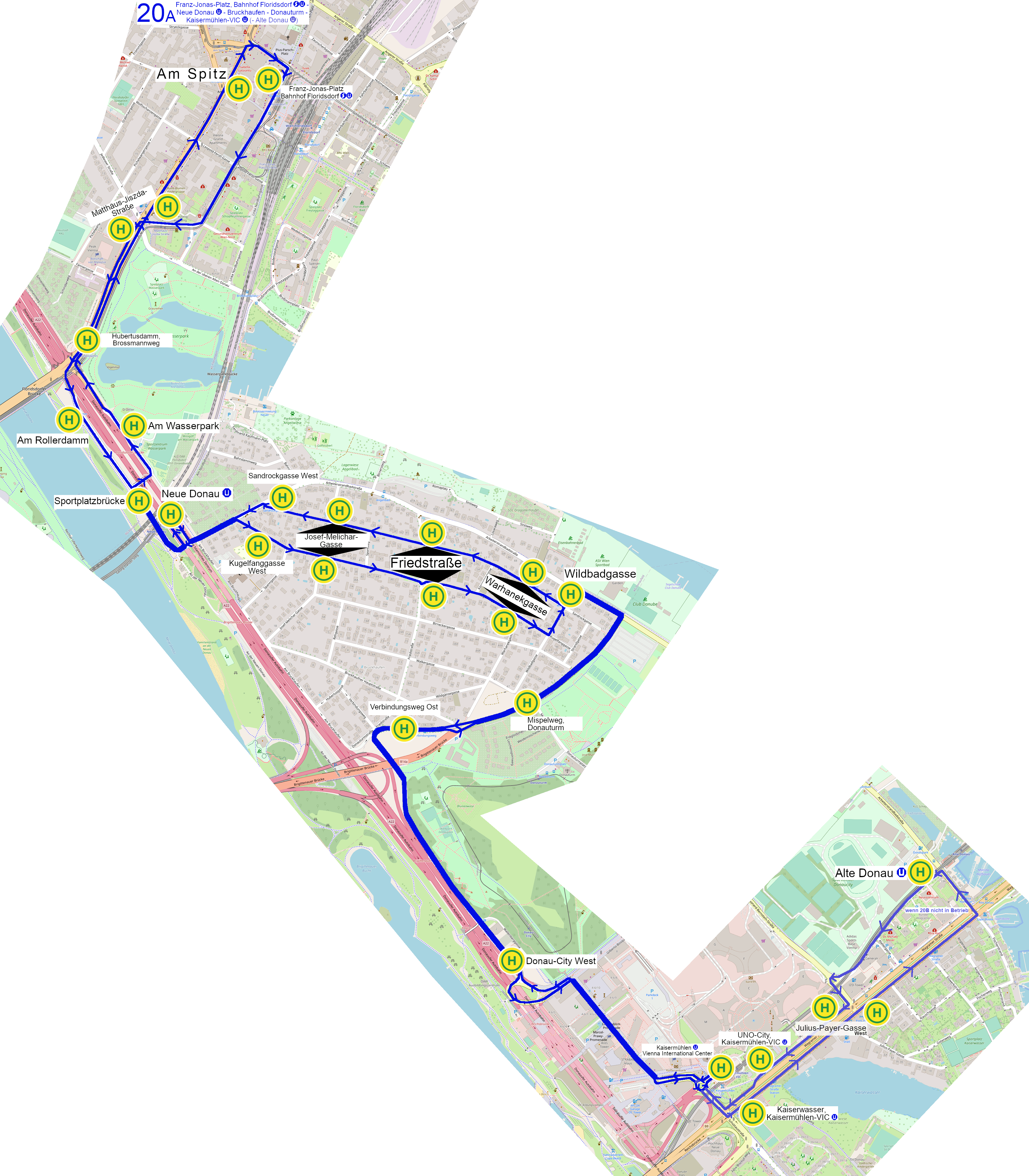 Linienverlauf 20A auf Karte