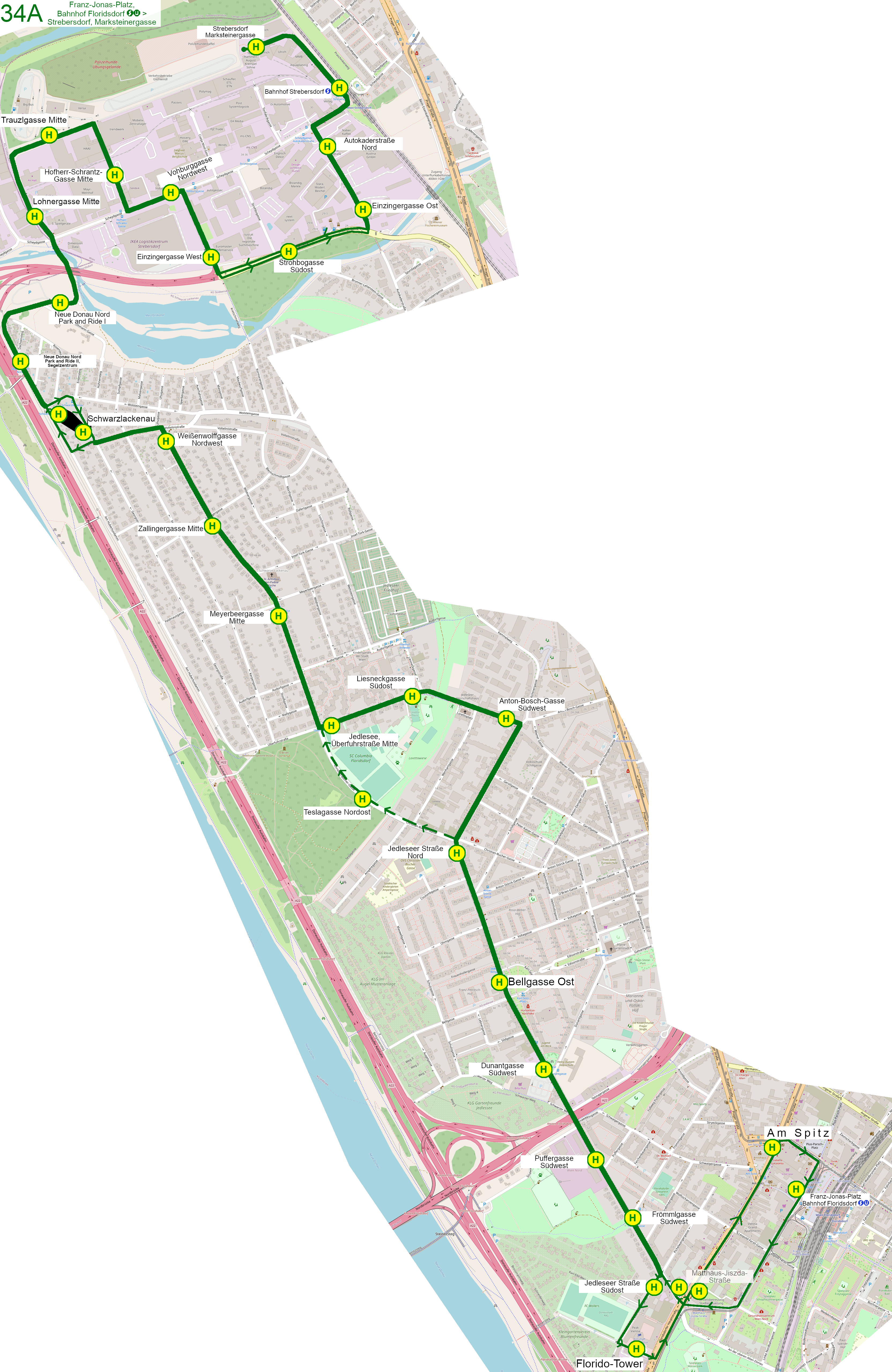Linienverlauf 34A auf Karte