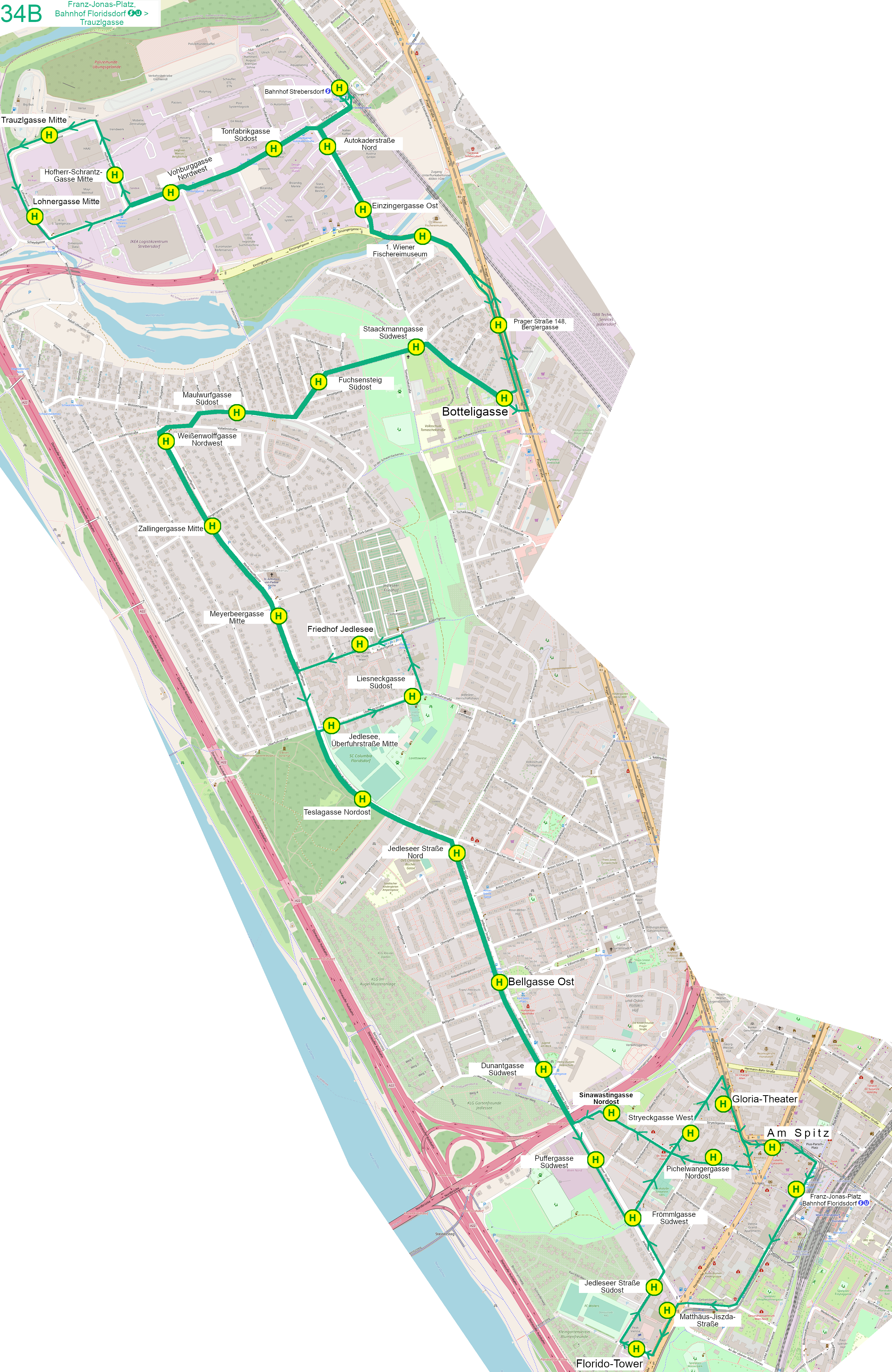 Linienverlauf 34B auf Karte