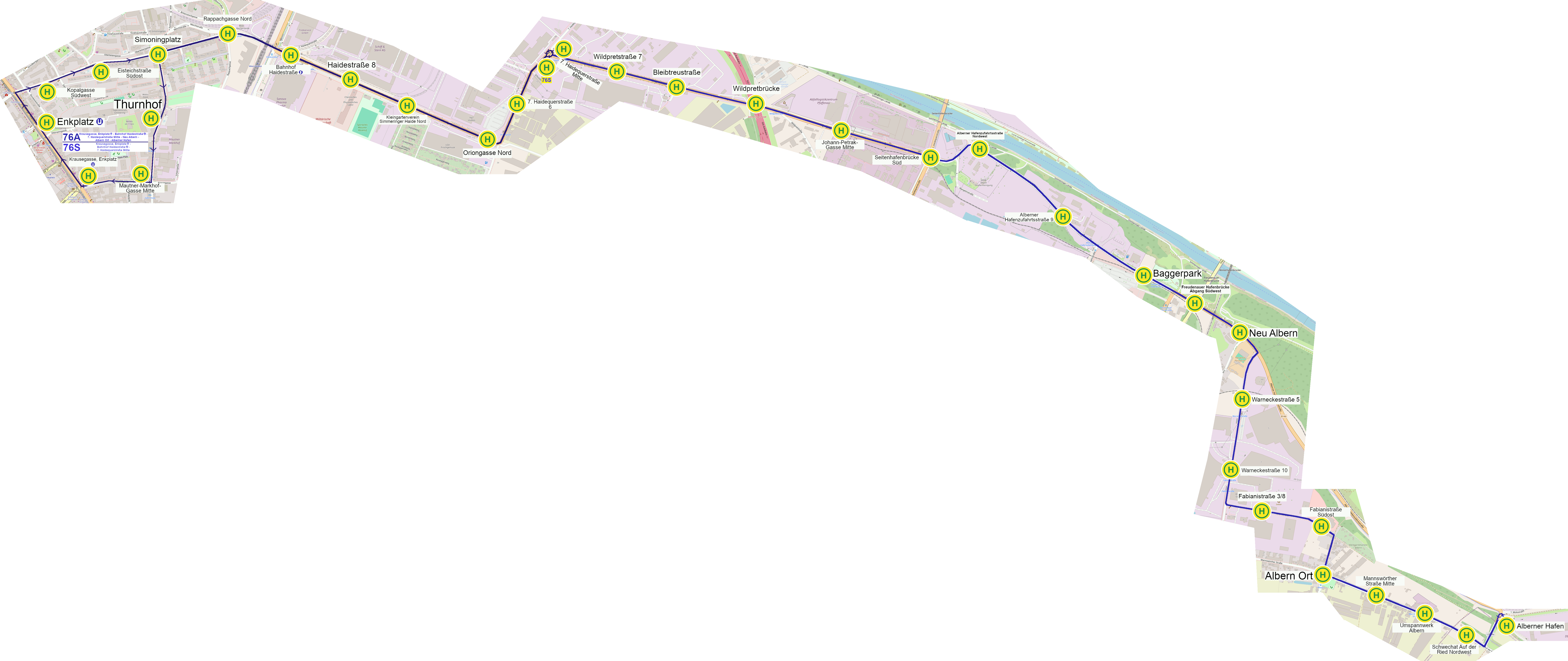 Linienverlauf 76A & 76S auf Karte