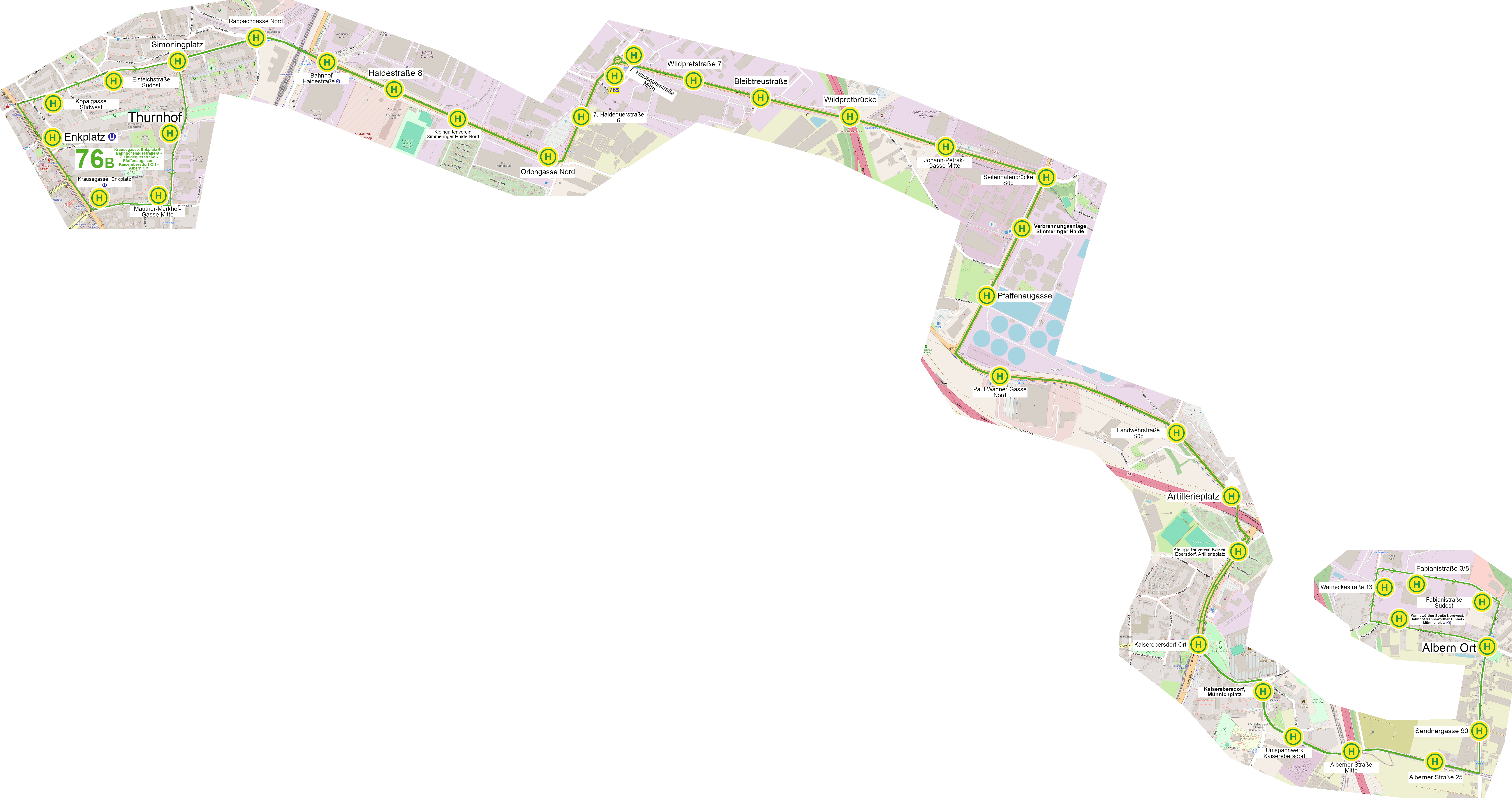 Linienverlauf 76B auf Karte