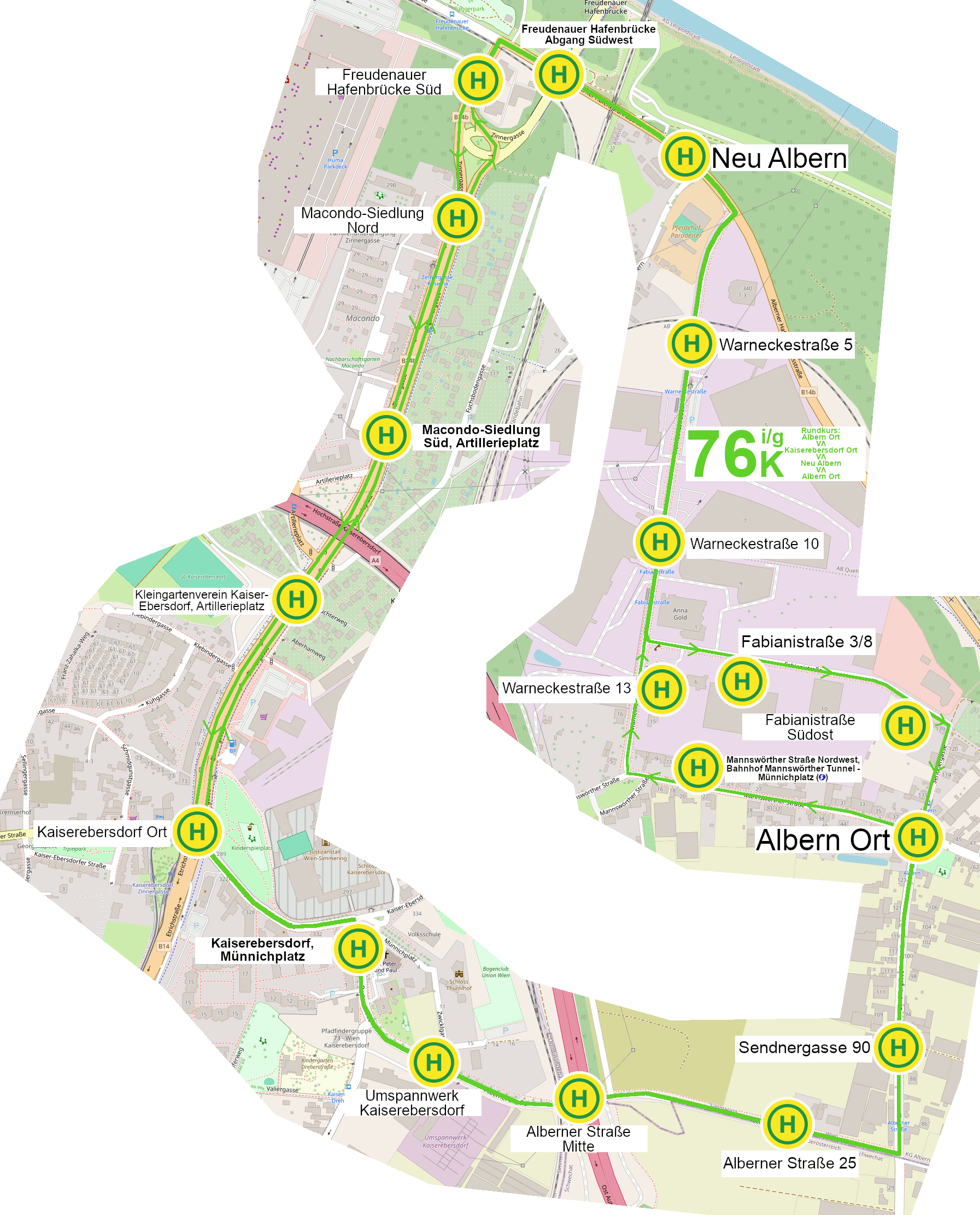 Linienverlauf 76K auf Karte