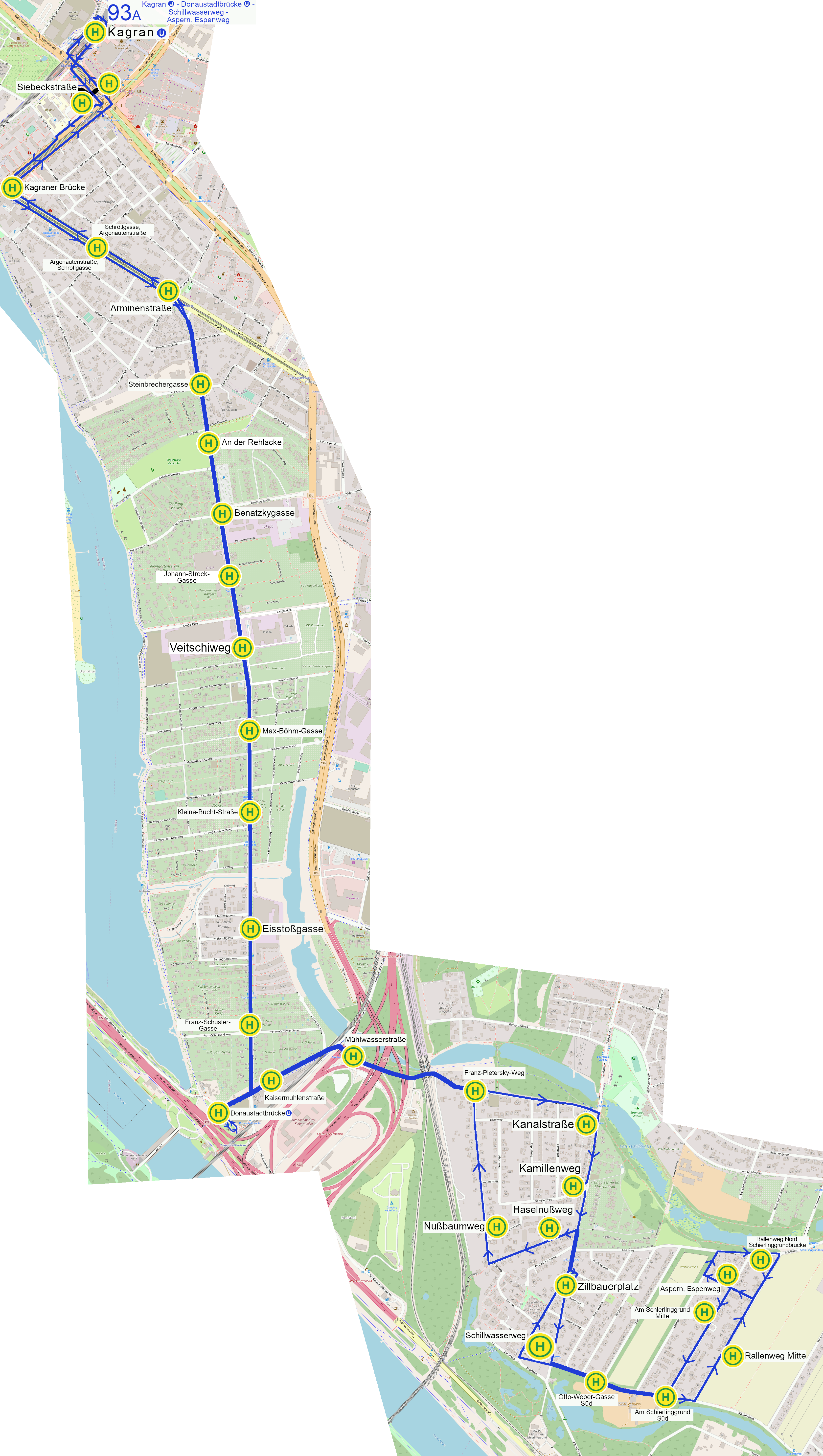Linienverlauf 93A auf Karte