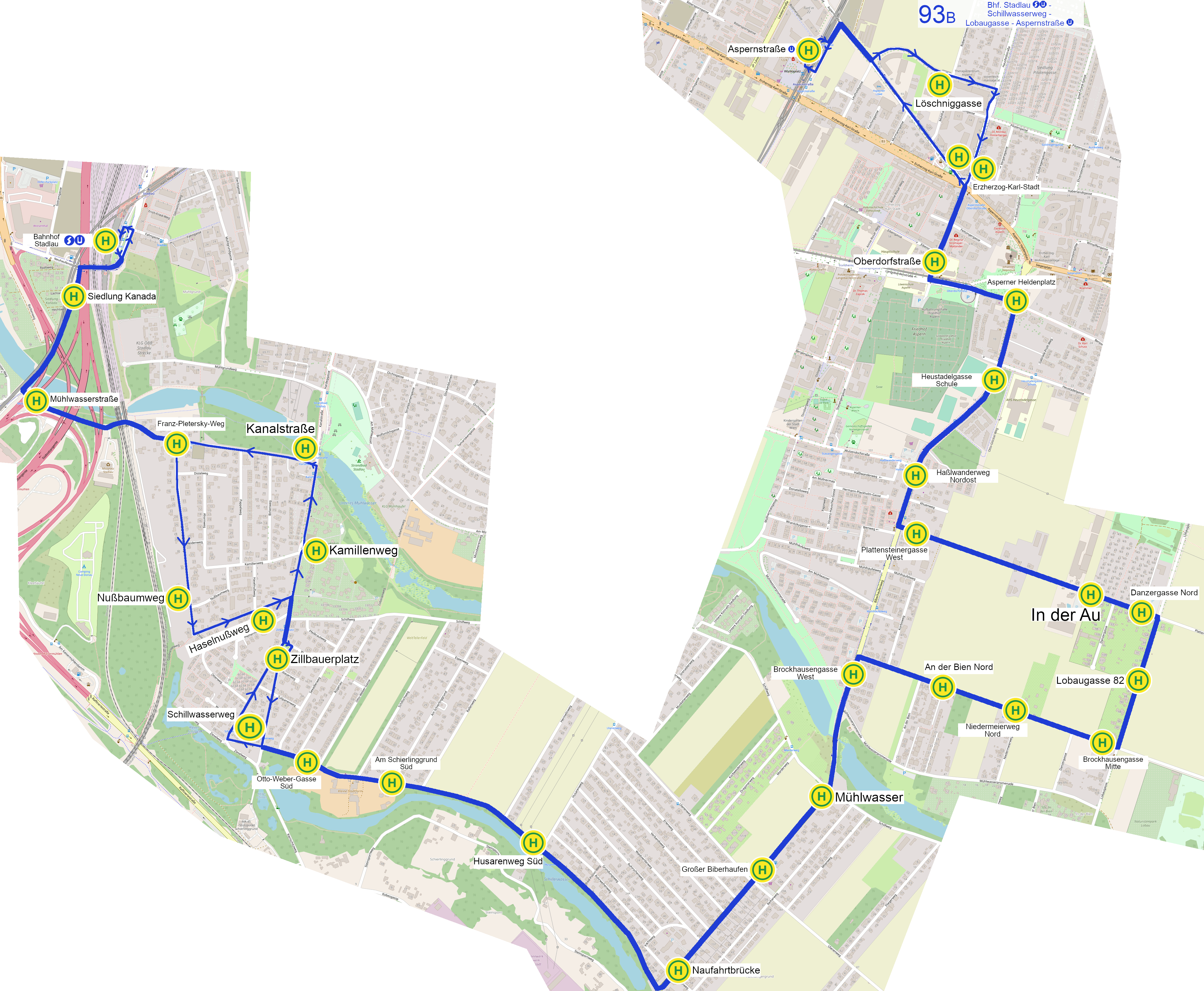 Linienverlauf 93B auf Karte