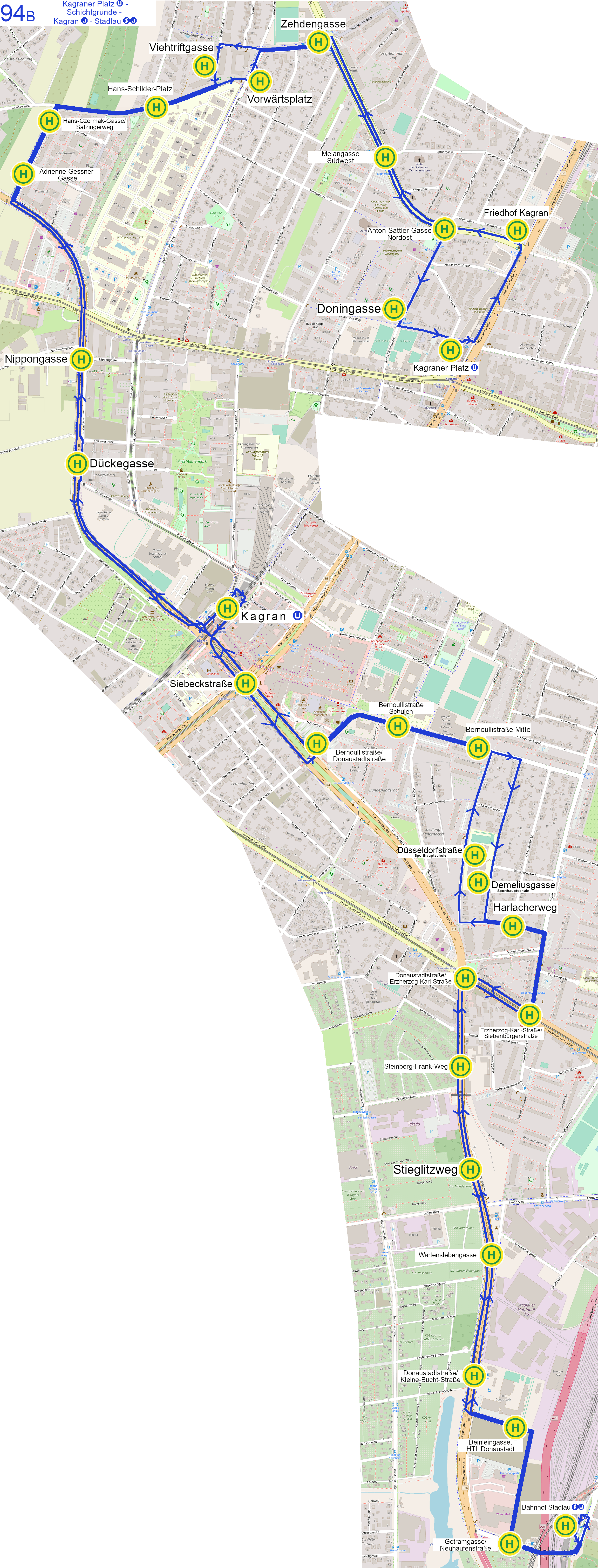 Linienverlauf 94B auf Karte