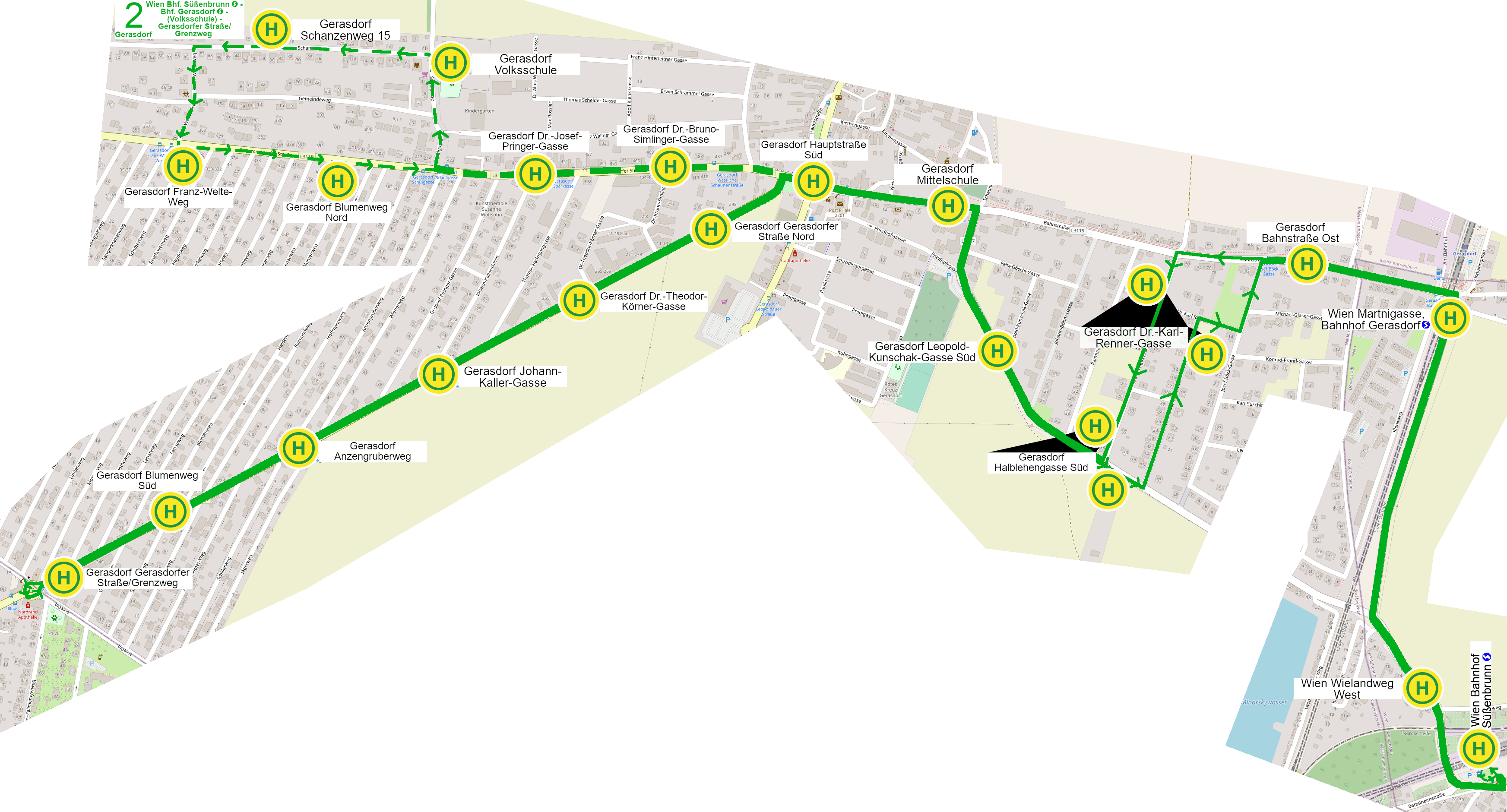 Linienverlauf 2 auf Karte