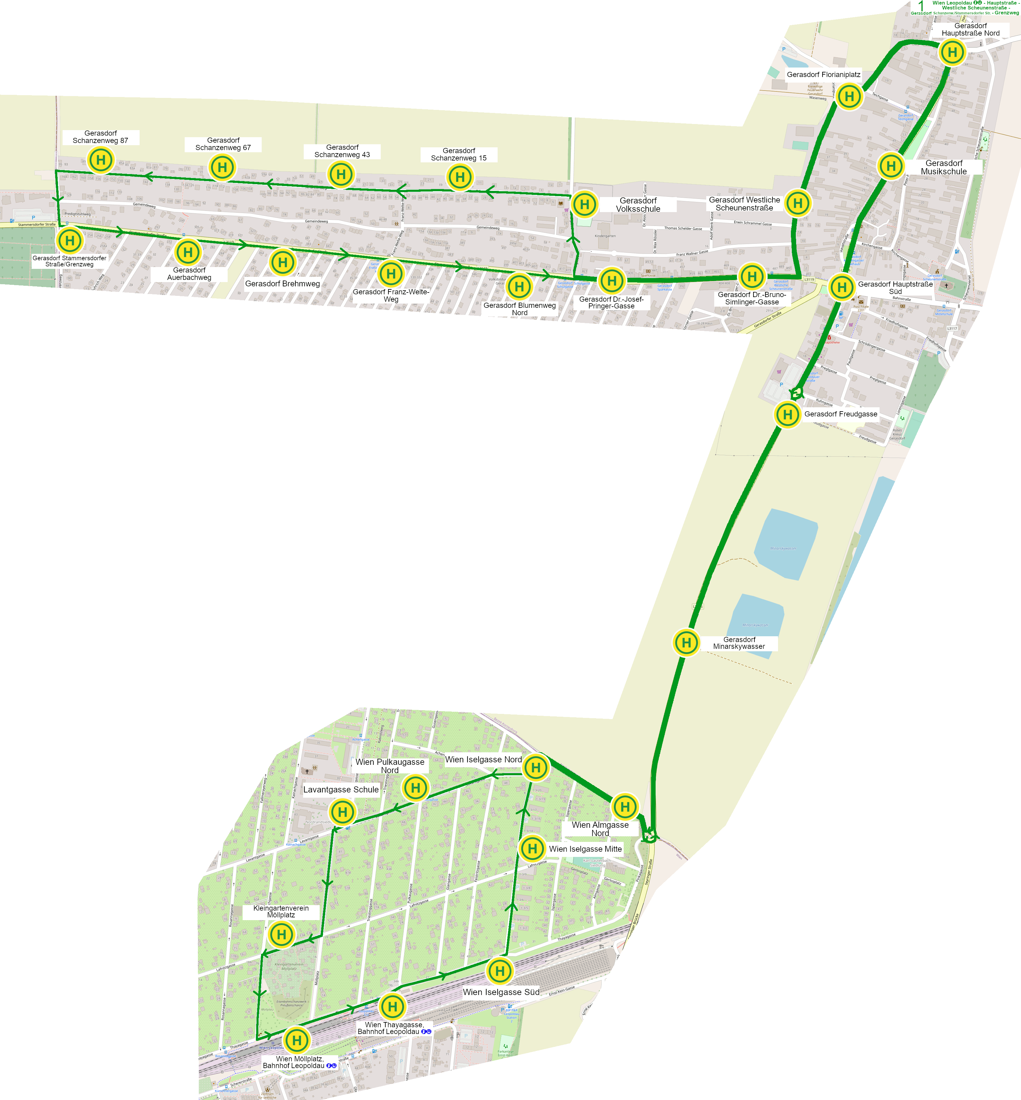 Linienverlauf 1 auf Karte