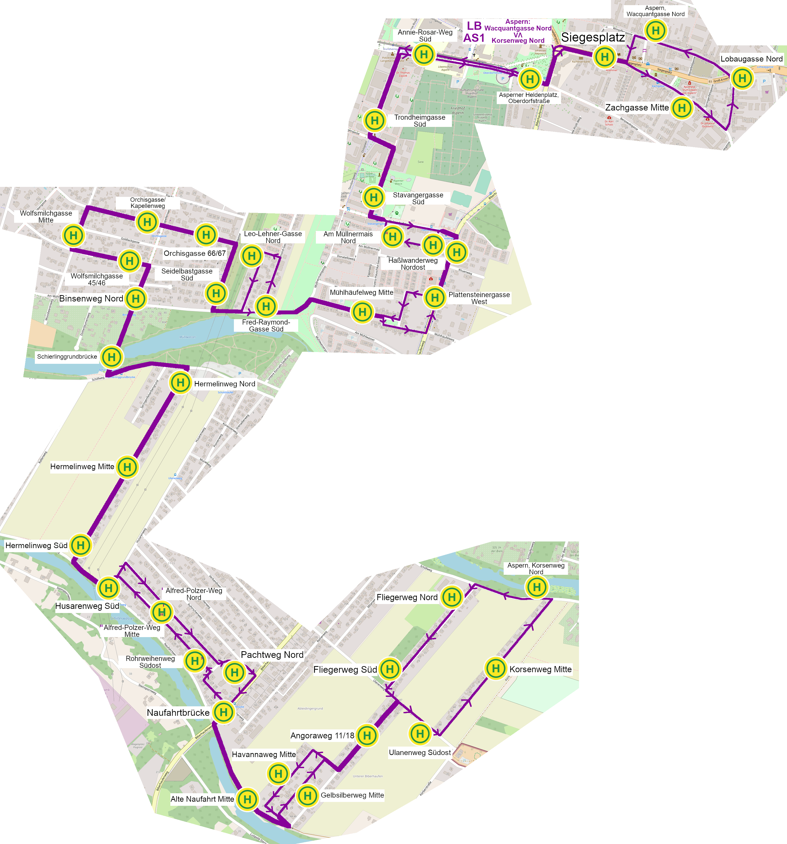 Linienverlauf AS1 auf Karte