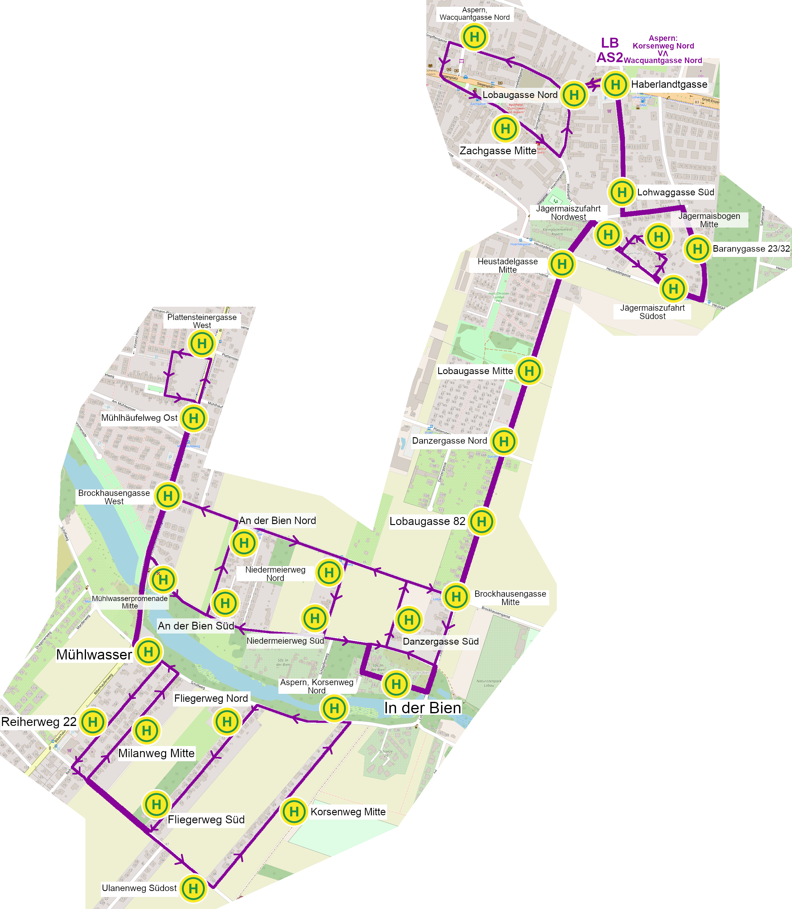Linienverlauf AS2 auf Karte